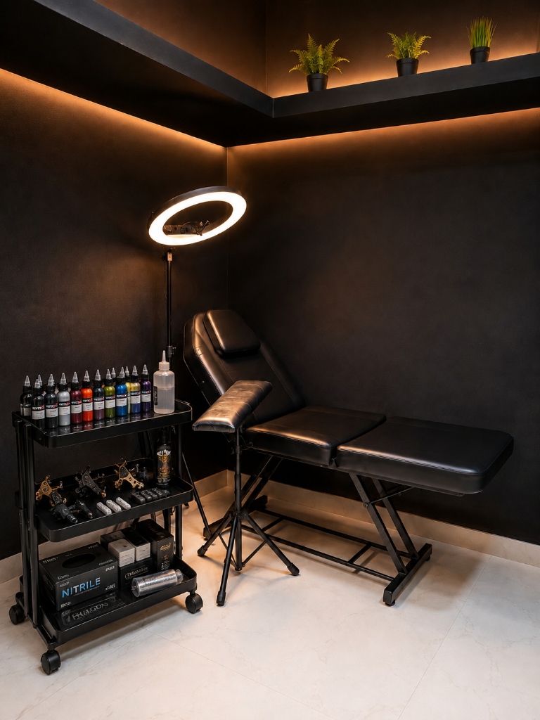 DMR Tattoo Studio consultation area — premium black and amber interior with client consultation desk