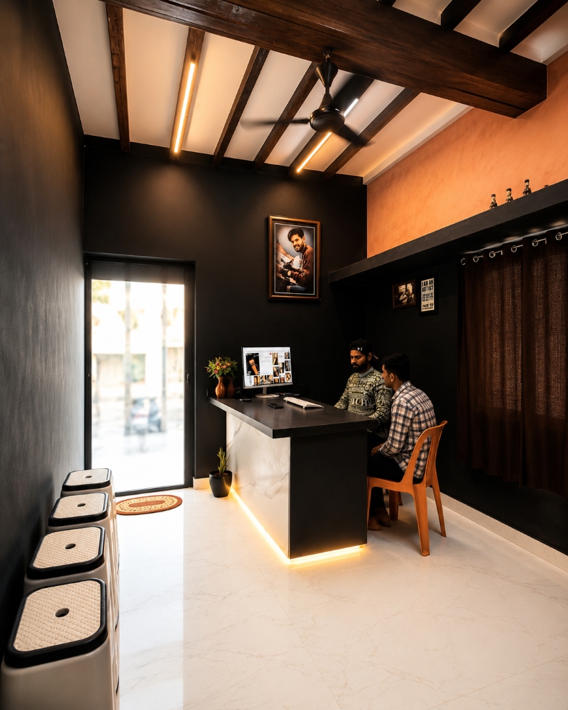 DMR Tattoo Studio professional tattoo workspace — tattoo chair, ring light, professional ink station